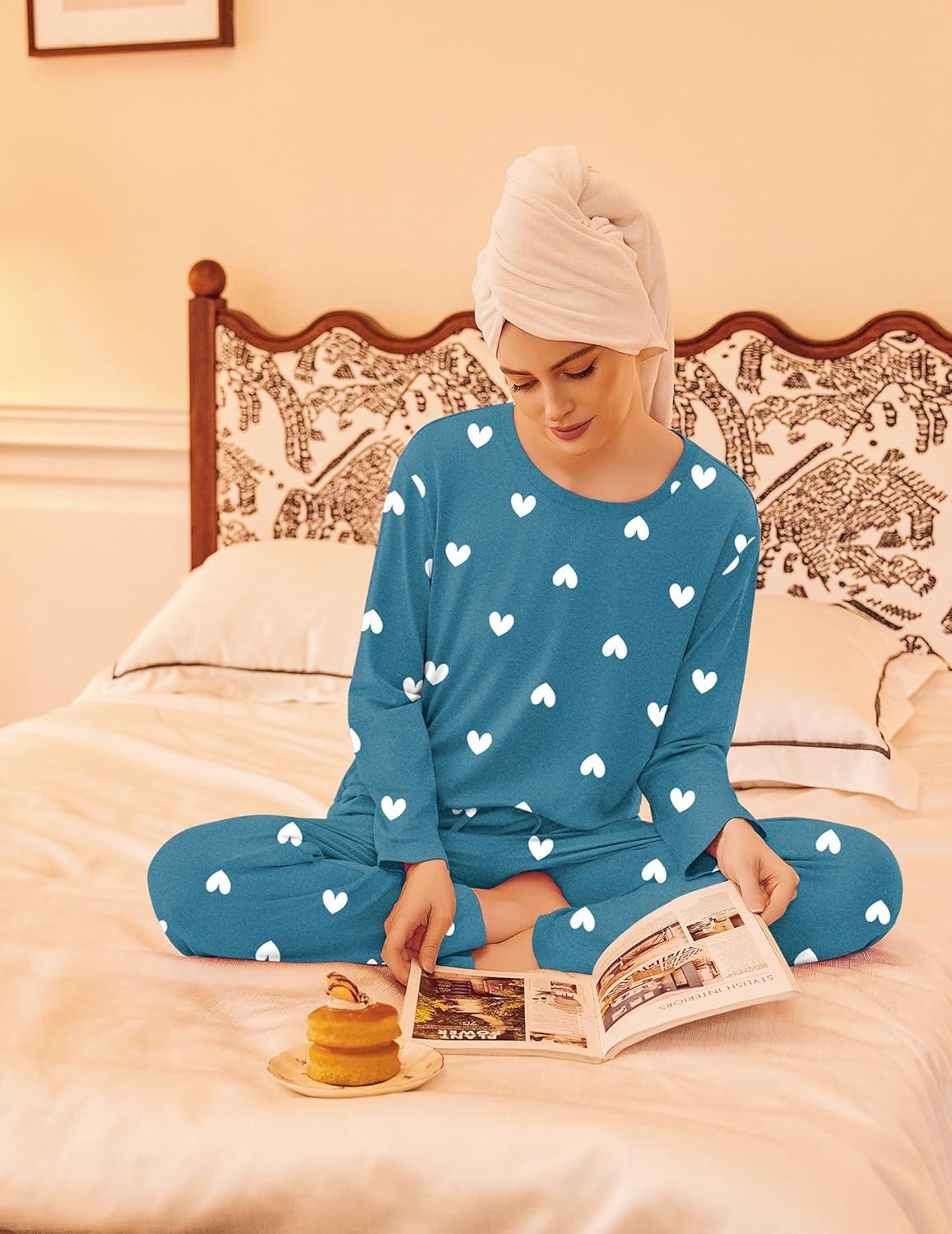 imageEkouaer 2 Pack Womens Pajama Sets Long Sleeve Sleepwear Long Pants Loungewear Soft Pjs Set with Pockets SXXLRed StripedBlue Green Heart