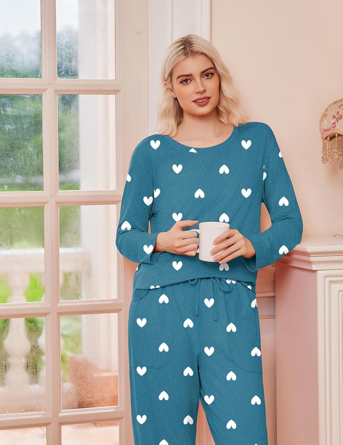 imageEkouaer 2 Pack Womens Pajama Sets Long Sleeve Sleepwear Long Pants Loungewear Soft Pjs Set with Pockets SXXLRed StripedBlue Green Heart