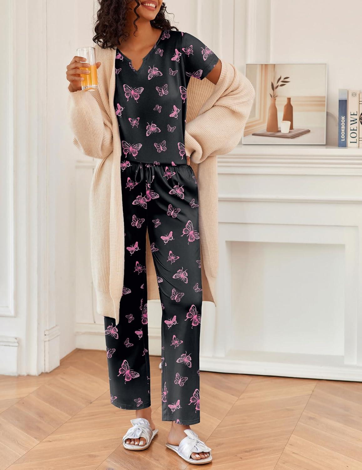 imageEkouaer 2 Piece Womens Pajamas V Neck Short Sleeve Top and Long Pants Pjs Print Lounge Set SleepwearBlack Butterfly