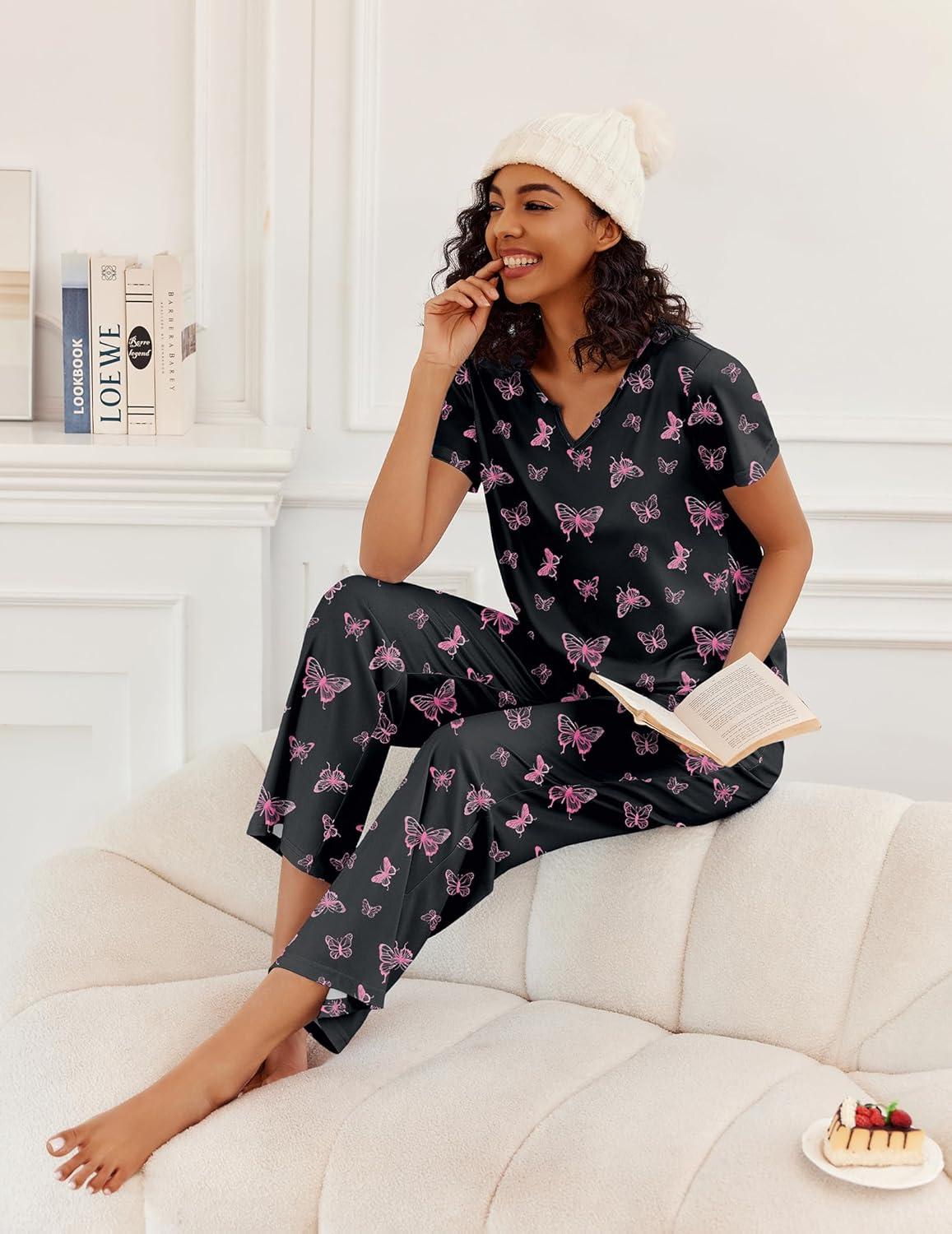 imageEkouaer 2 Piece Womens Pajamas V Neck Short Sleeve Top and Long Pants Pjs Print Lounge Set SleepwearBlack Butterfly