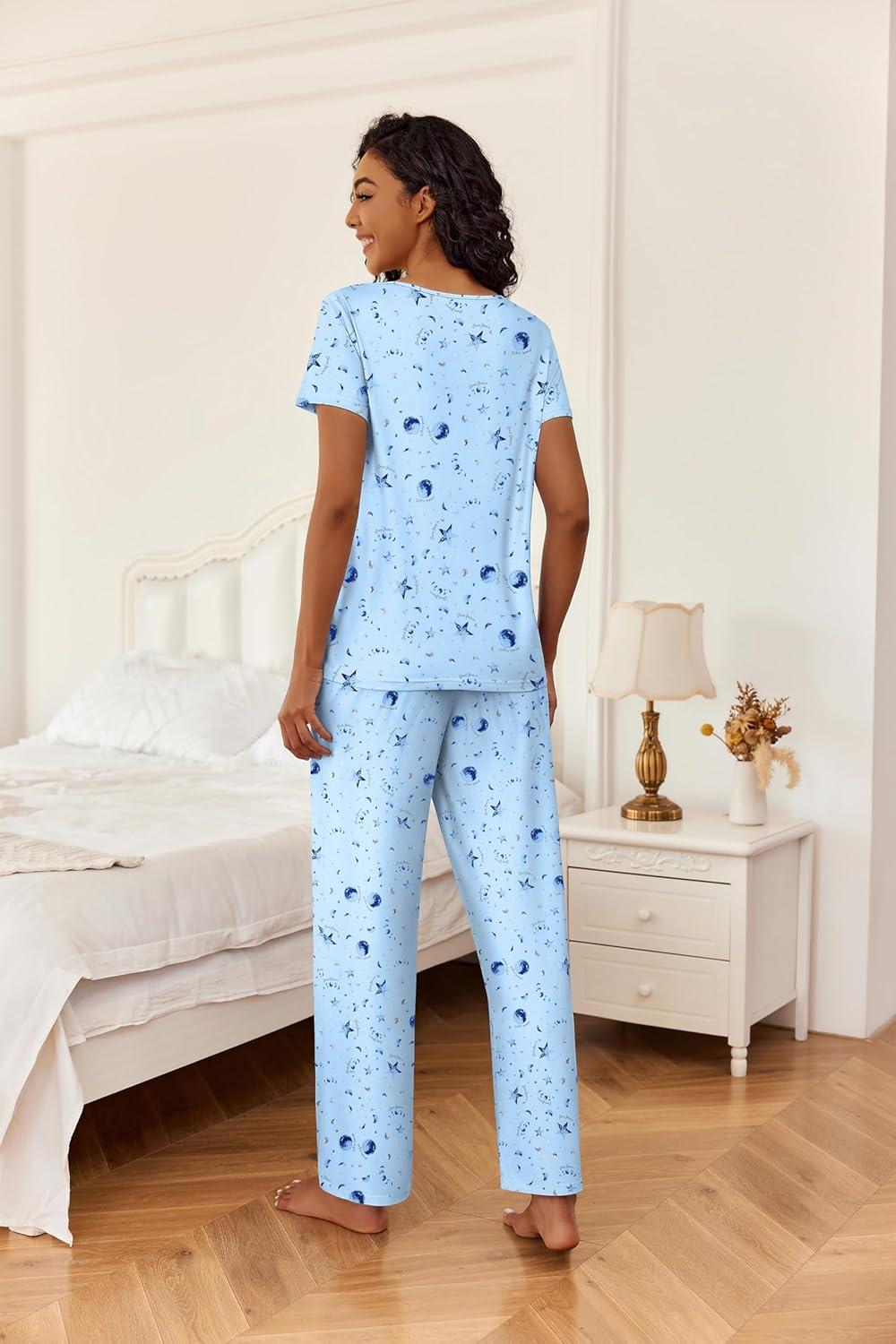 imageEkouaer 2 Piece Womens Pajamas V Neck Short Sleeve Top and Long Pants Pjs Print Lounge Set SleepwearBlue Moon