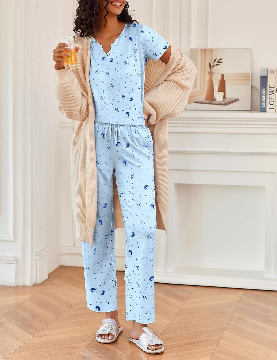 imageEkouaer 2 Piece Womens Pajamas V Neck Short Sleeve Top and Long Pants Pjs Print Lounge Set SleepwearBlue Moon