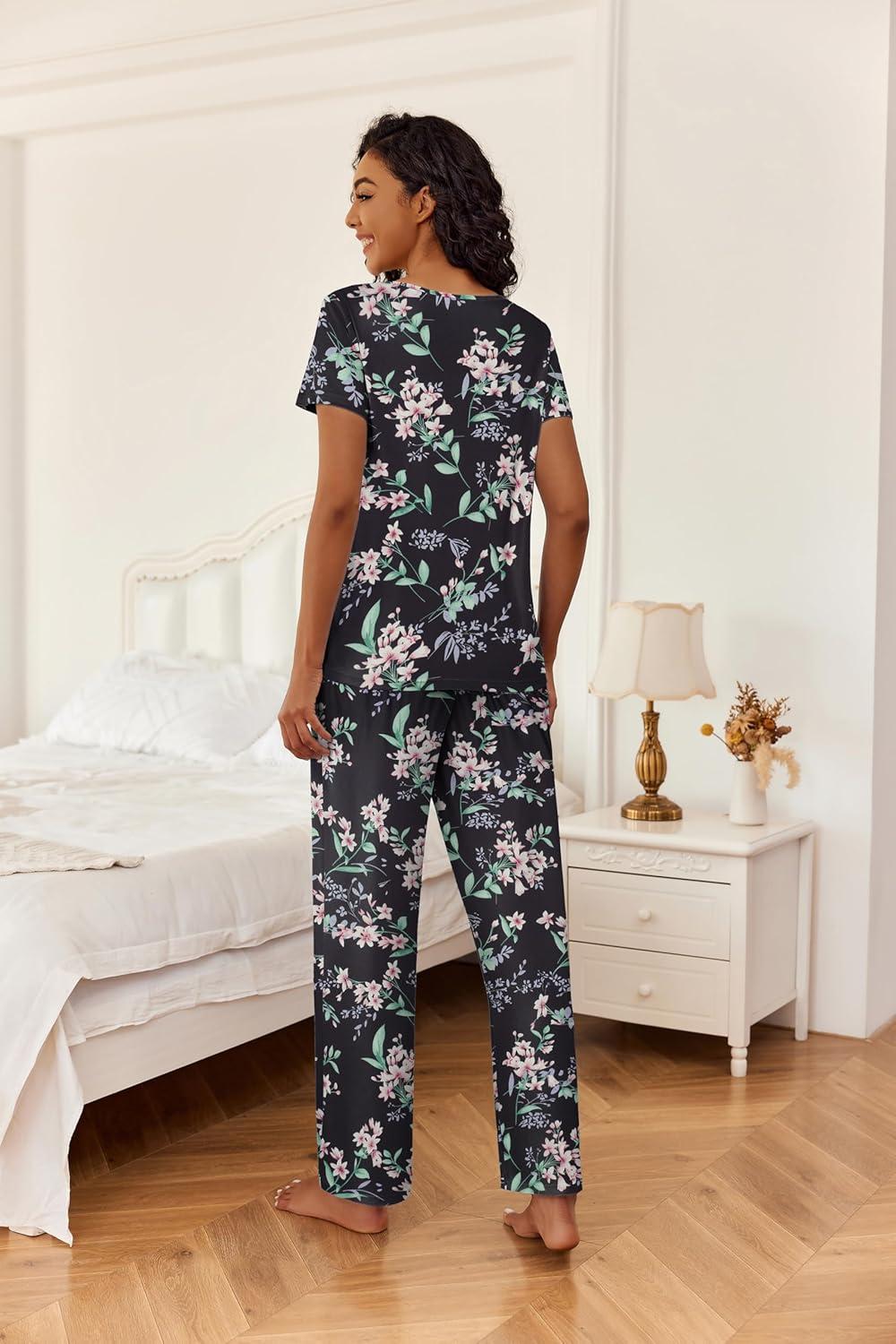 imageEkouaer 2 Piece Womens Pajamas V Neck Short Sleeve Top and Long Pants Pjs Print Lounge Set SleepwearFlowers Black