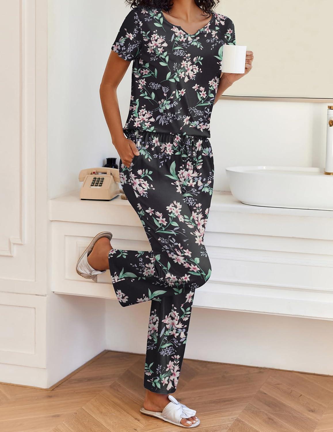 imageEkouaer 2 Piece Womens Pajamas V Neck Short Sleeve Top and Long Pants Pjs Print Lounge Set SleepwearFlowers Black