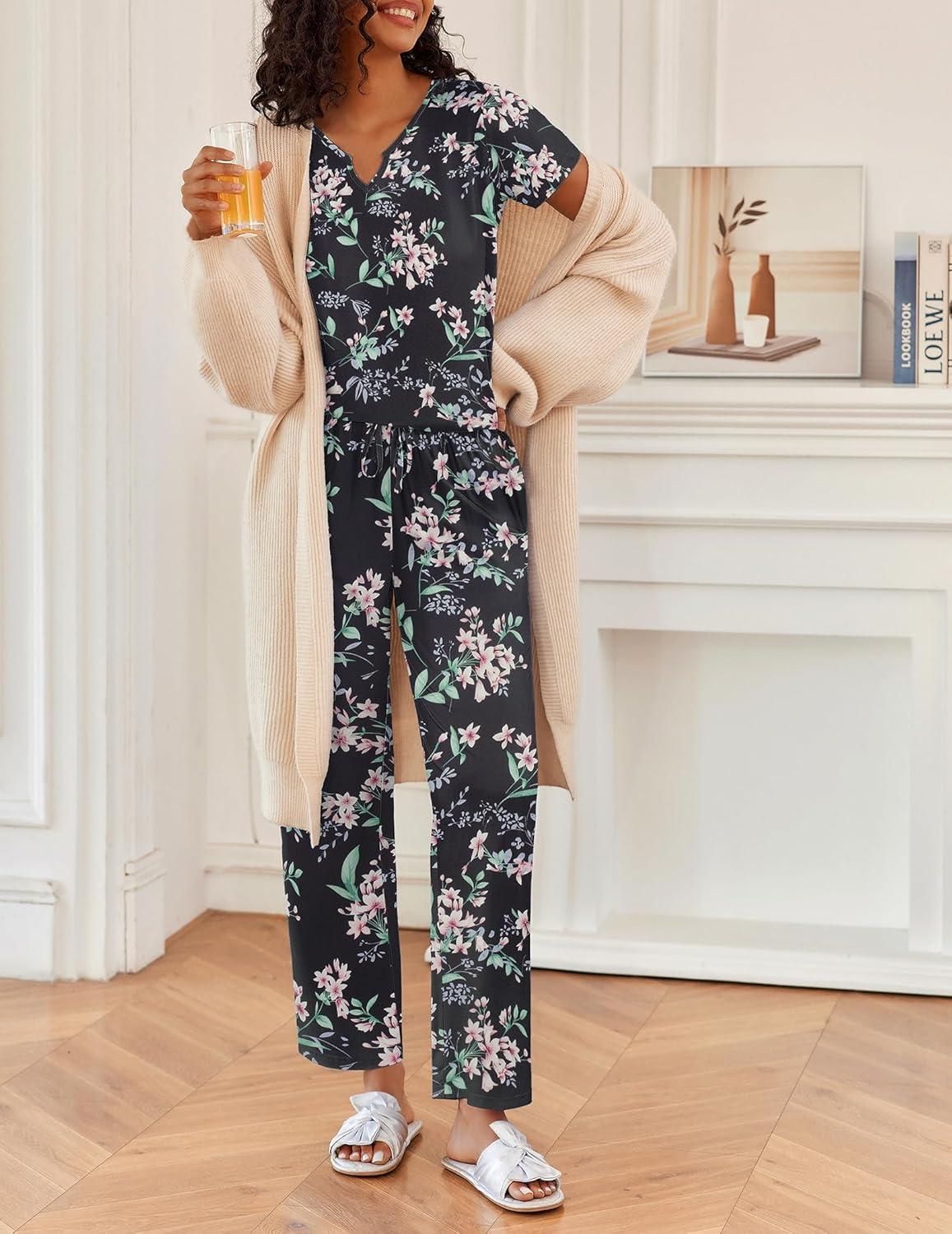 imageEkouaer 2 Piece Womens Pajamas V Neck Short Sleeve Top and Long Pants Pjs Print Lounge Set SleepwearFlowers Black