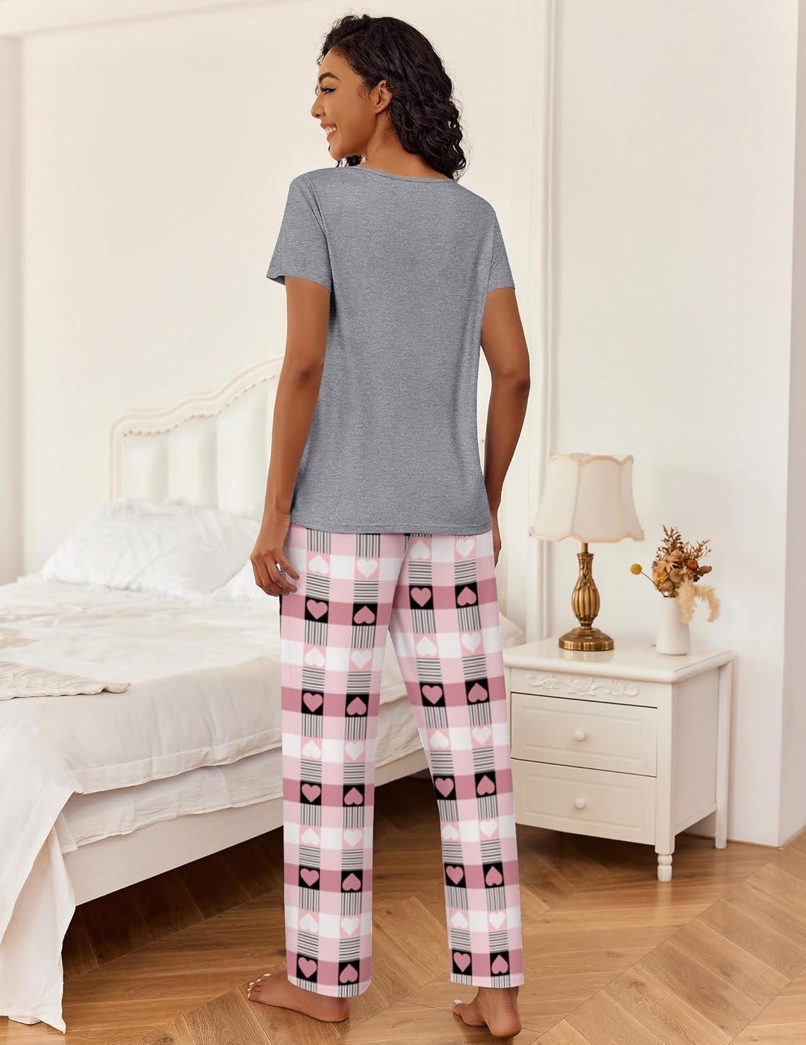 imageEkouaer 2 Piece Womens Pajamas V Neck Short Sleeve Top and Long Pants Pjs Print Lounge Set SleepwearHeart Plaid