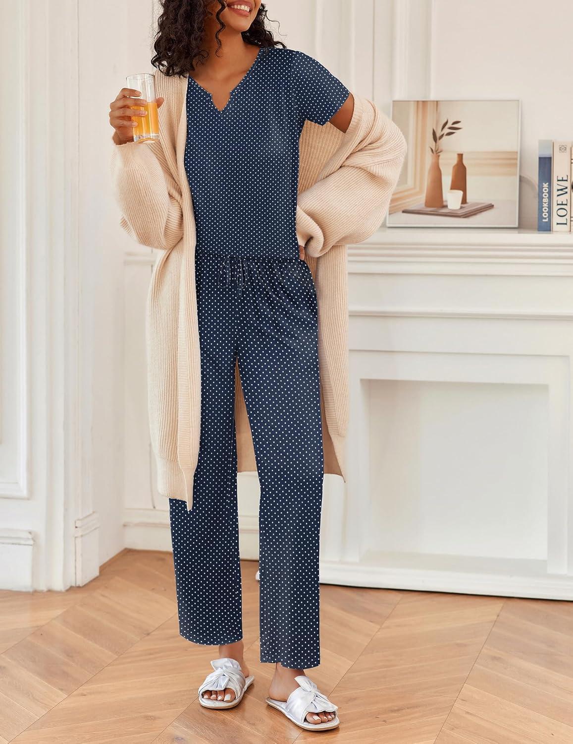 imageEkouaer 2 Piece Womens Pajamas V Neck Short Sleeve Top and Long Pants Pjs Print Lounge Set SleepwearNavy Polka Dot