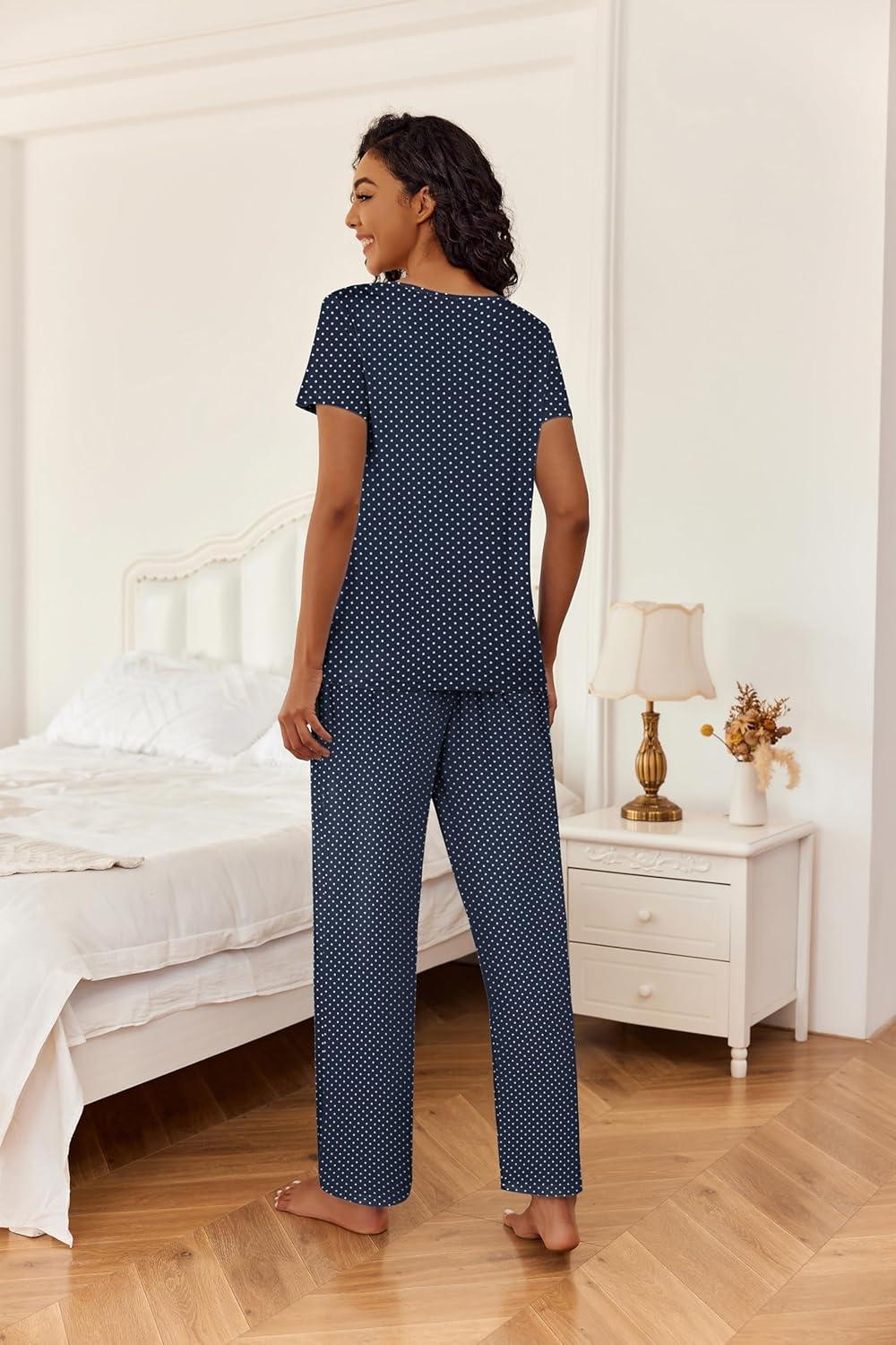 imageEkouaer 2 Piece Womens Pajamas V Neck Short Sleeve Top and Long Pants Pjs Print Lounge Set SleepwearNavy Polka Dot