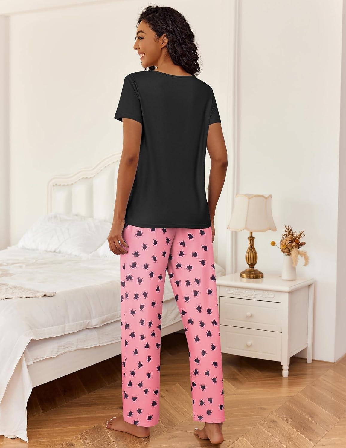 imageEkouaer 2 Piece Womens Pajamas V Neck Short Sleeve Top and Long Pants Pjs Print Lounge Set SleepwearPink Heart