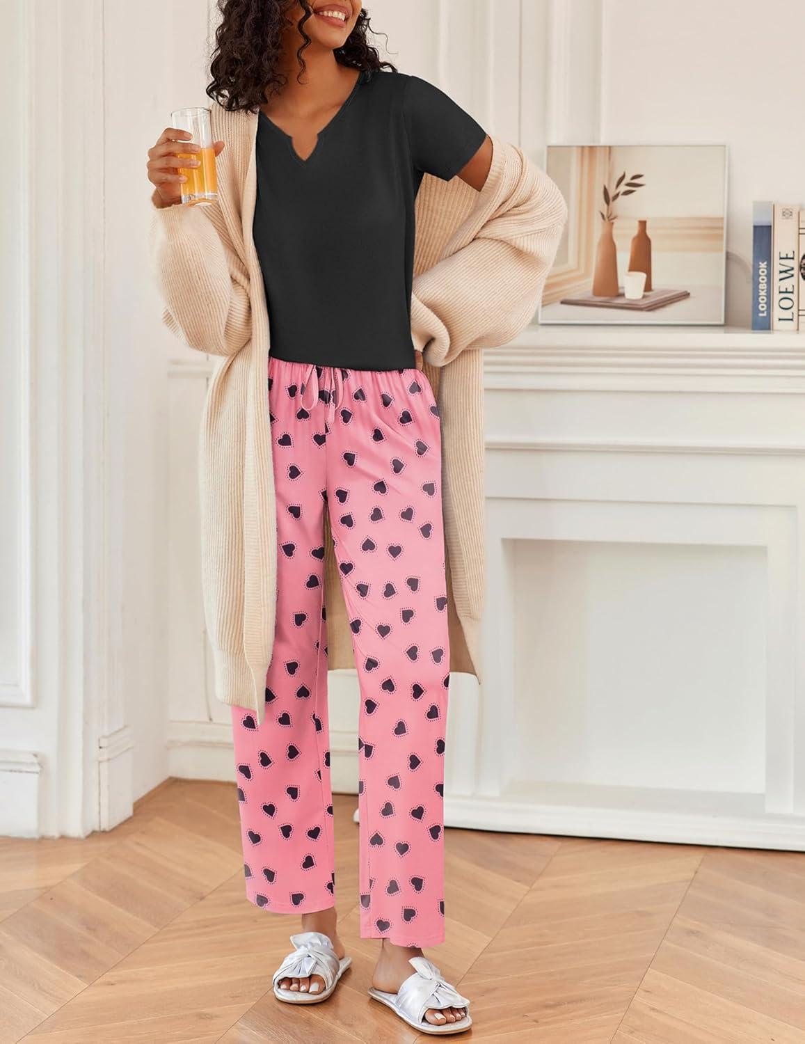 imageEkouaer 2 Piece Womens Pajamas V Neck Short Sleeve Top and Long Pants Pjs Print Lounge Set SleepwearPink Heart
