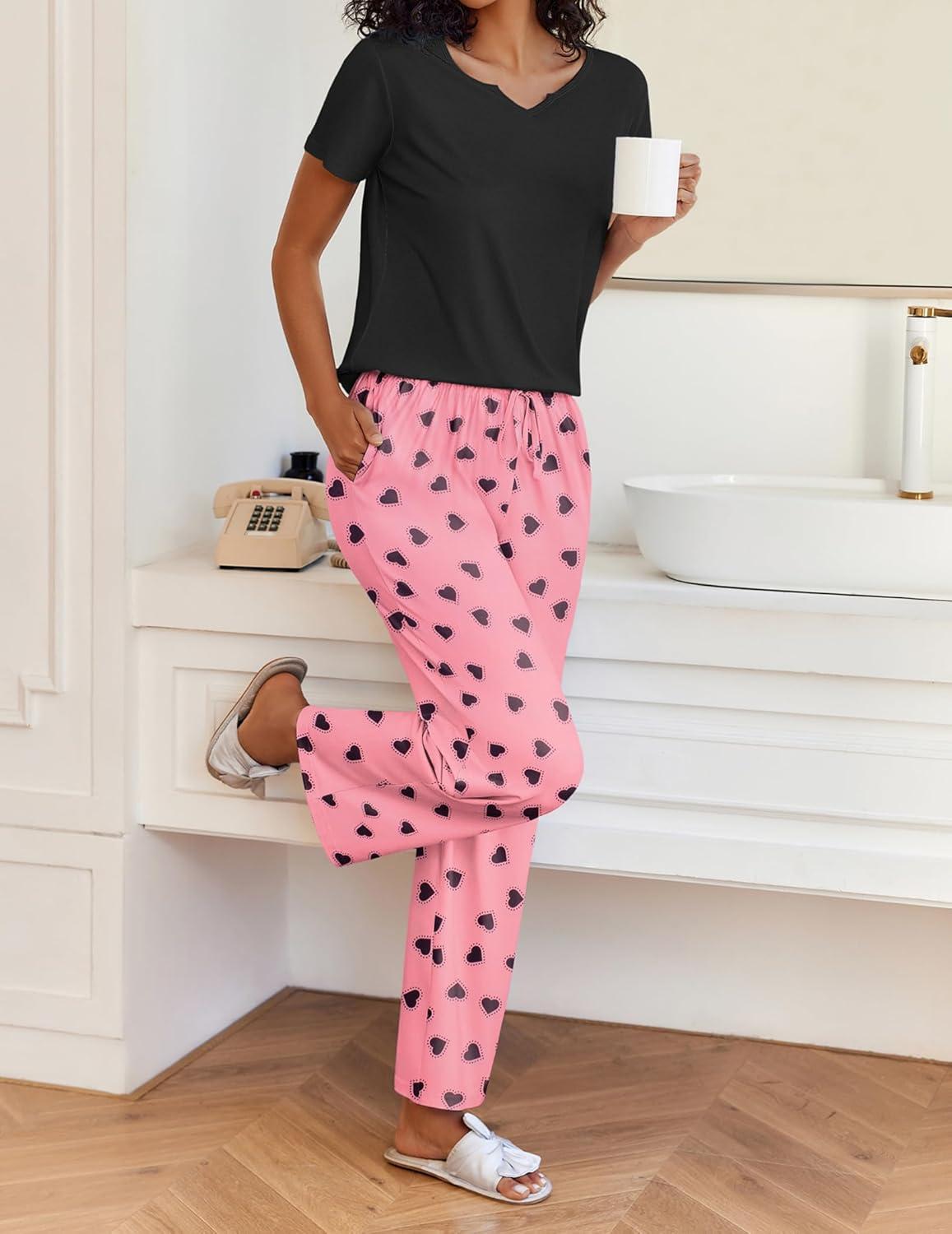 imageEkouaer 2 Piece Womens Pajamas V Neck Short Sleeve Top and Long Pants Pjs Print Lounge Set SleepwearPink Heart