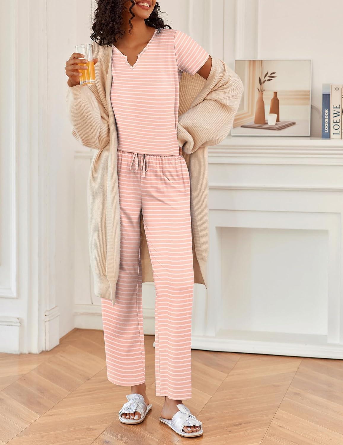 imageEkouaer 2 Piece Womens Pajamas V Neck Short Sleeve Top and Long Pants Pjs Print Lounge Set SleepwearPink Stripes