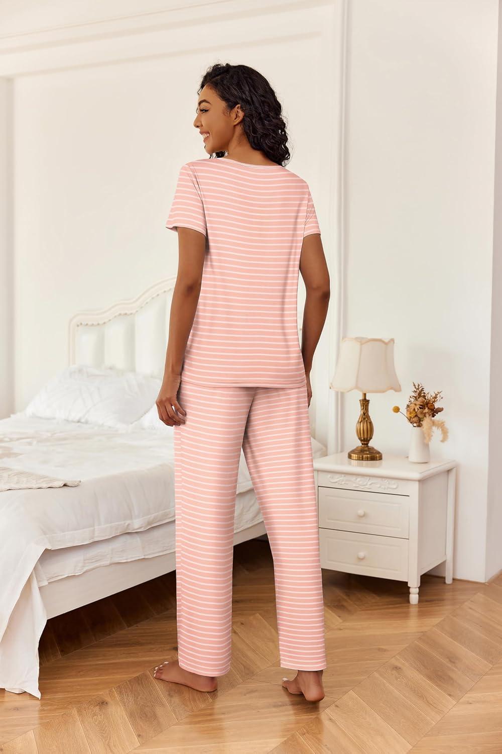 imageEkouaer 2 Piece Womens Pajamas V Neck Short Sleeve Top and Long Pants Pjs Print Lounge Set SleepwearPink Stripes