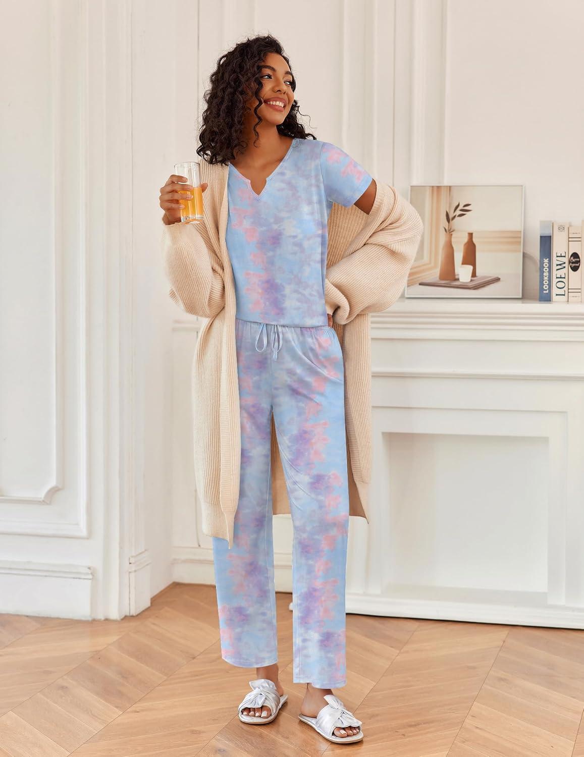 imageEkouaer 2 Piece Womens Pajamas V Neck Short Sleeve Top and Long Pants Pjs Print Lounge Set SleepwearPink and Purple Tiedye