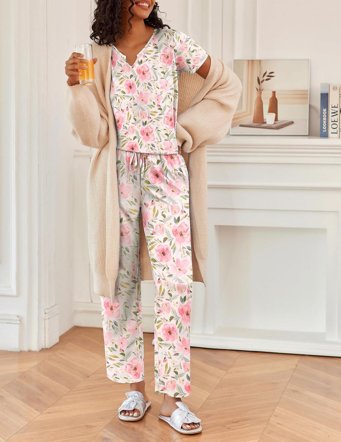 imageEkouaer 2 Piece Womens Pajamas V Neck Short Sleeve Top and Long Pants Pjs Print Lounge Set SleepwearWhite Flower