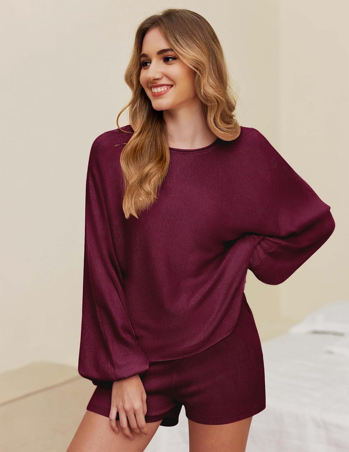 imageEkouaer Knit Pajamas Set for Women Lounge Wear Sets Long Sleeve Sweatsuit Matching 2 Piece Outfits Casual Sweater Sets SXXLWine Red