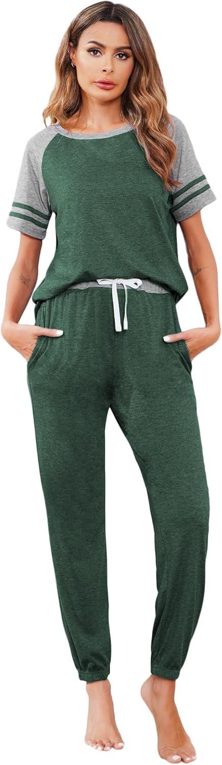 imageEkouaer Lounge Sets for Women Two Piece Pajama Set Short Sleeve Crewneck Jogger Outfits and Sweatpants TracksuitGreen