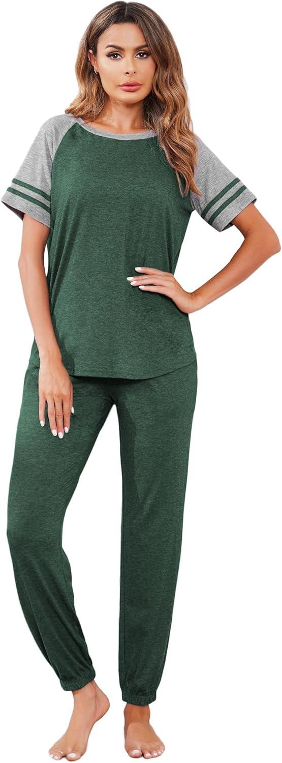 imageEkouaer Lounge Sets for Women Two Piece Pajama Set Short Sleeve Crewneck Jogger Outfits and Sweatpants TracksuitGreen