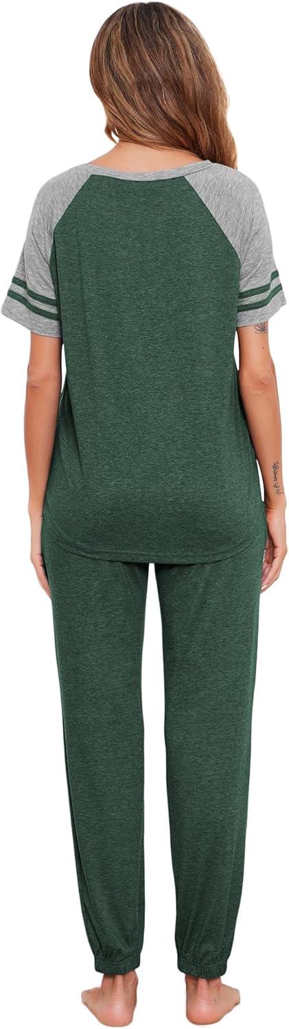 imageEkouaer Lounge Sets for Women Two Piece Pajama Set Short Sleeve Crewneck Jogger Outfits and Sweatpants TracksuitGreen