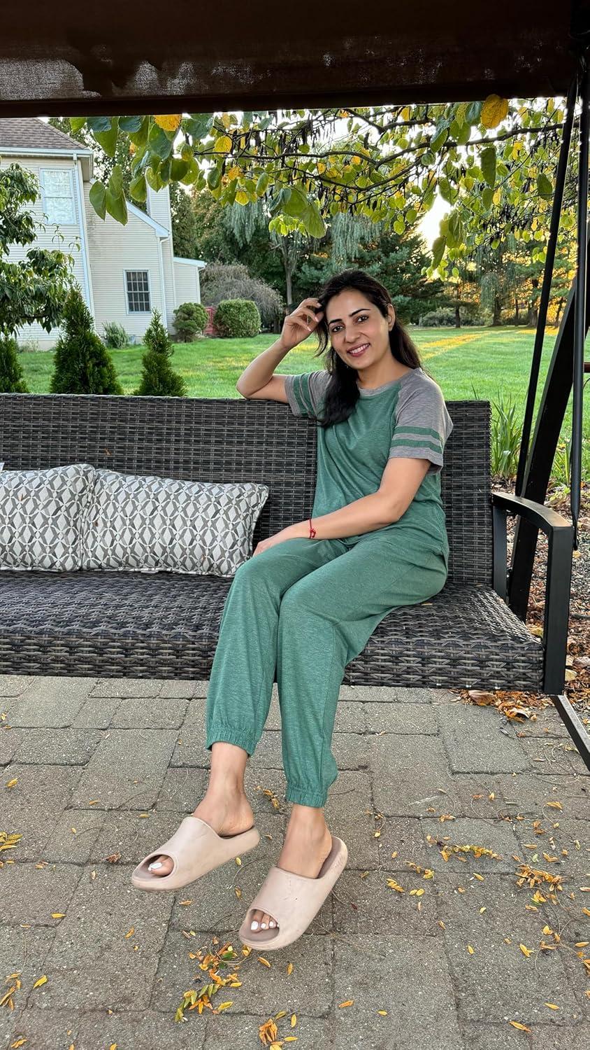 imageEkouaer Lounge Sets for Women Two Piece Pajama Set Short Sleeve Crewneck Jogger Outfits and Sweatpants TracksuitGreen