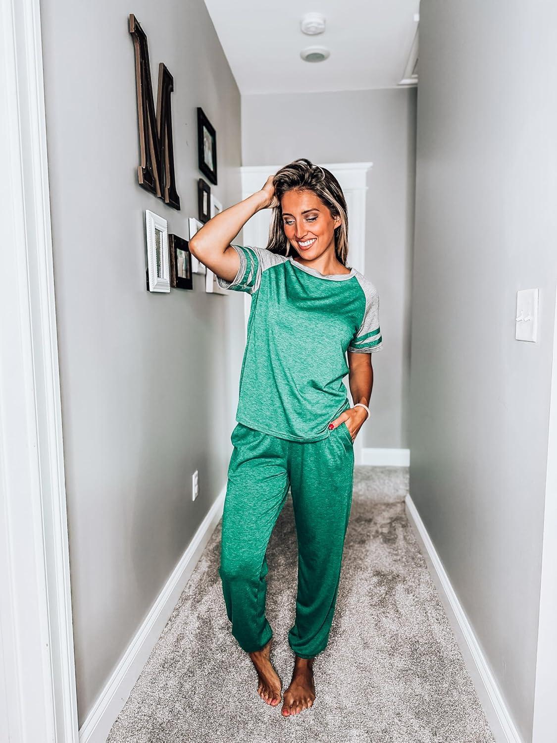 imageEkouaer Lounge Sets for Women Two Piece Pajama Set Short Sleeve Crewneck Jogger Outfits and Sweatpants TracksuitGreen