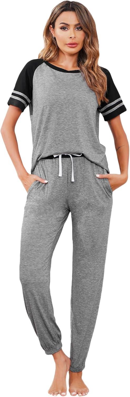 imageEkouaer Lounge Sets for Women Two Piece Pajama Set Short Sleeve Crewneck Jogger Outfits and Sweatpants TracksuitLight Grey 2
