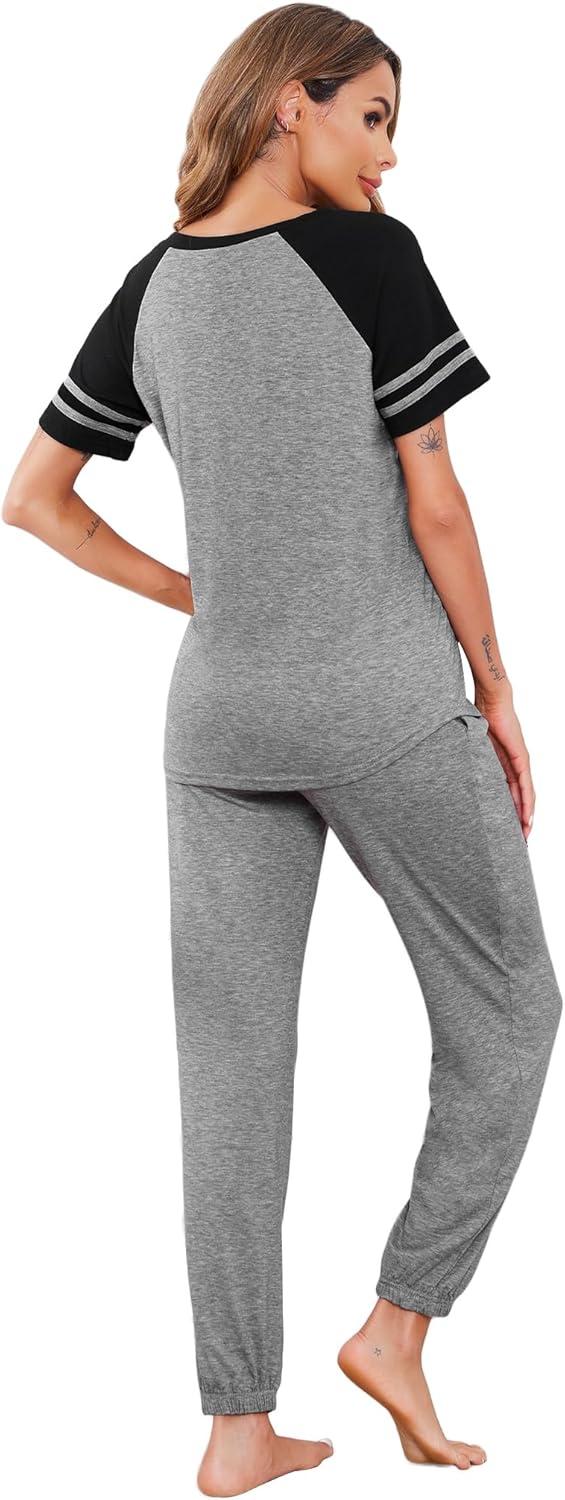 imageEkouaer Lounge Sets for Women Two Piece Pajama Set Short Sleeve Crewneck Jogger Outfits and Sweatpants TracksuitLight Grey 2