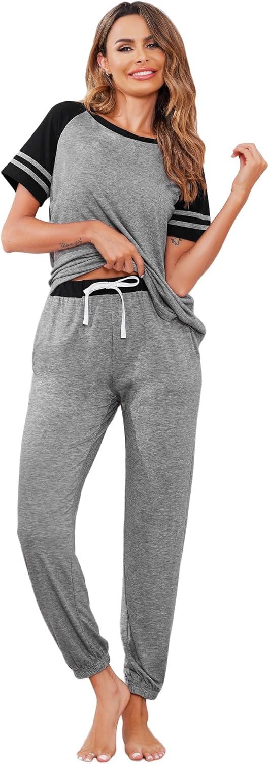 imageEkouaer Lounge Sets for Women Two Piece Pajama Set Short Sleeve Crewneck Jogger Outfits and Sweatpants TracksuitLight Grey 2