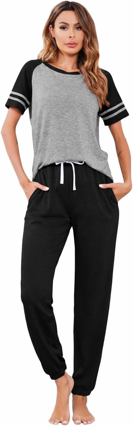 imageEkouaer Lounge Sets for Women Two Piece Pajama Set Short Sleeve Crewneck Jogger Outfits and Sweatpants TracksuitLight Grey