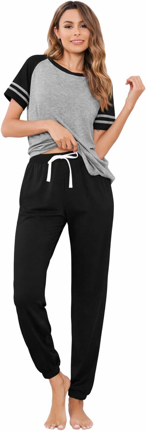 imageEkouaer Lounge Sets for Women Two Piece Pajama Set Short Sleeve Crewneck Jogger Outfits and Sweatpants TracksuitLight Grey
