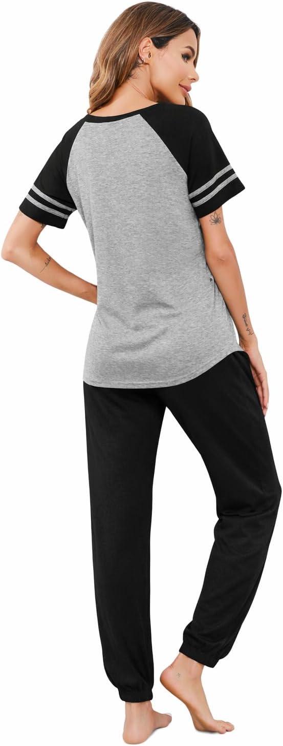 imageEkouaer Lounge Sets for Women Two Piece Pajama Set Short Sleeve Crewneck Jogger Outfits and Sweatpants TracksuitLight Grey