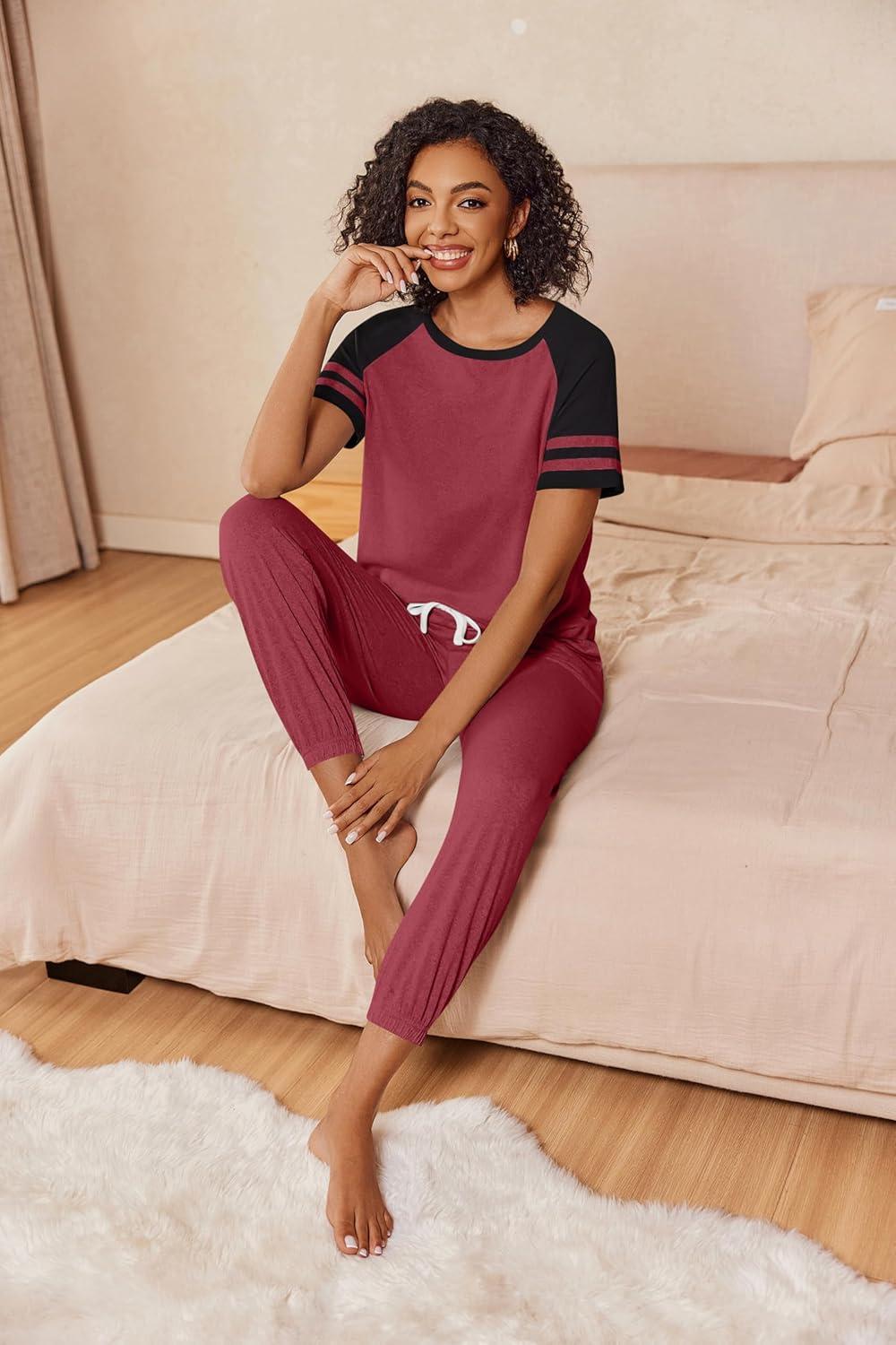 imageEkouaer Lounge Sets for Women Two Piece Pajama Set Short Sleeve Crewneck Jogger Outfits and Sweatpants TracksuitWine Red