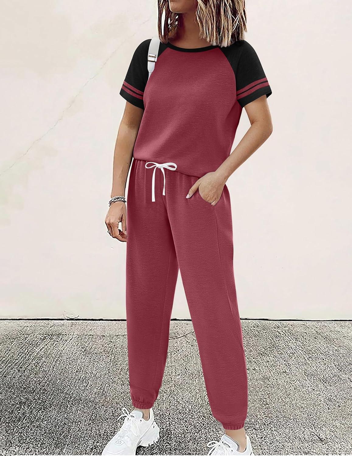 imageEkouaer Lounge Sets for Women Two Piece Pajama Set Short Sleeve Crewneck Jogger Outfits and Sweatpants TracksuitWine Red