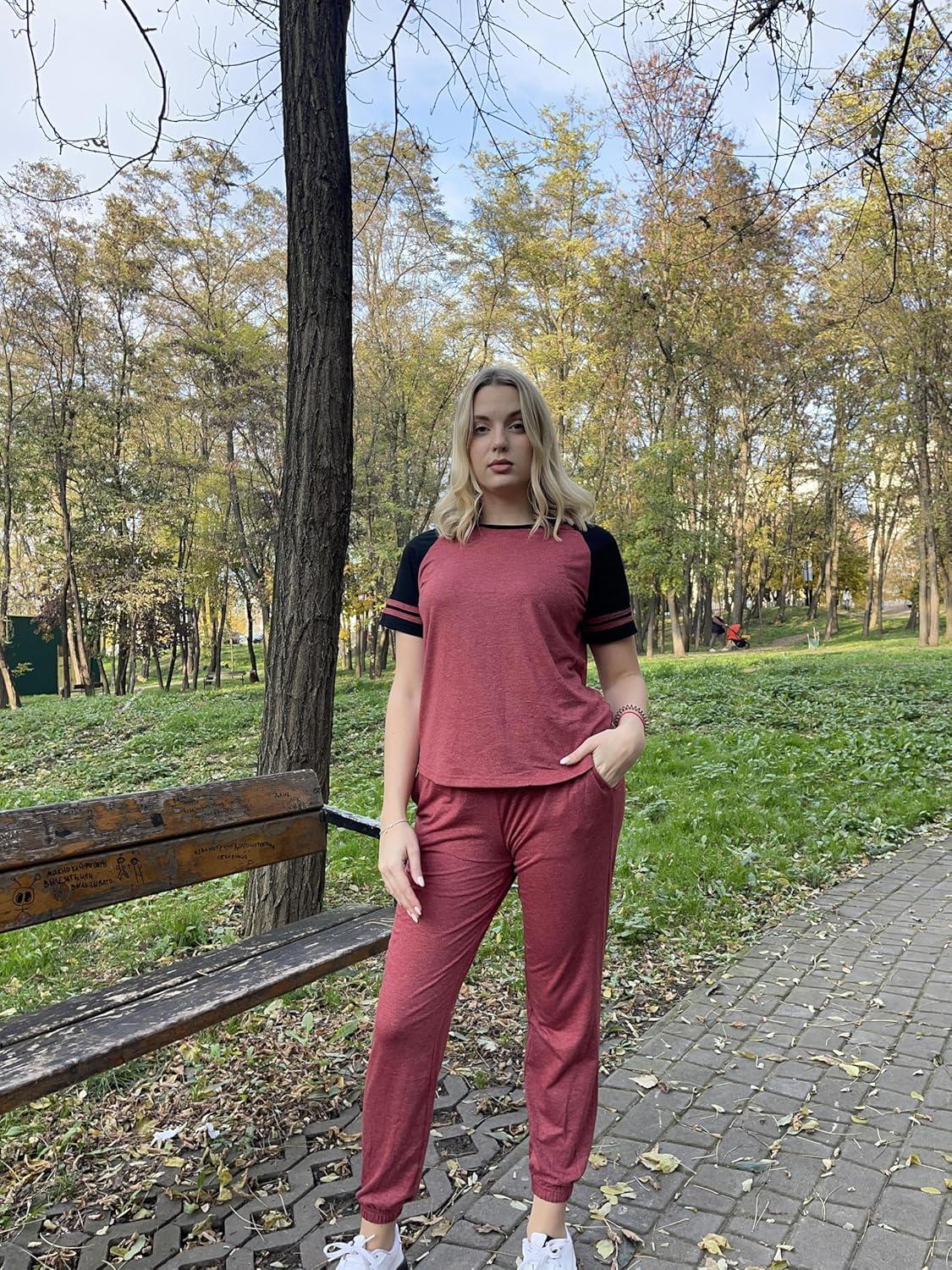 imageEkouaer Lounge Sets for Women Two Piece Pajama Set Short Sleeve Crewneck Jogger Outfits and Sweatpants TracksuitWine Red