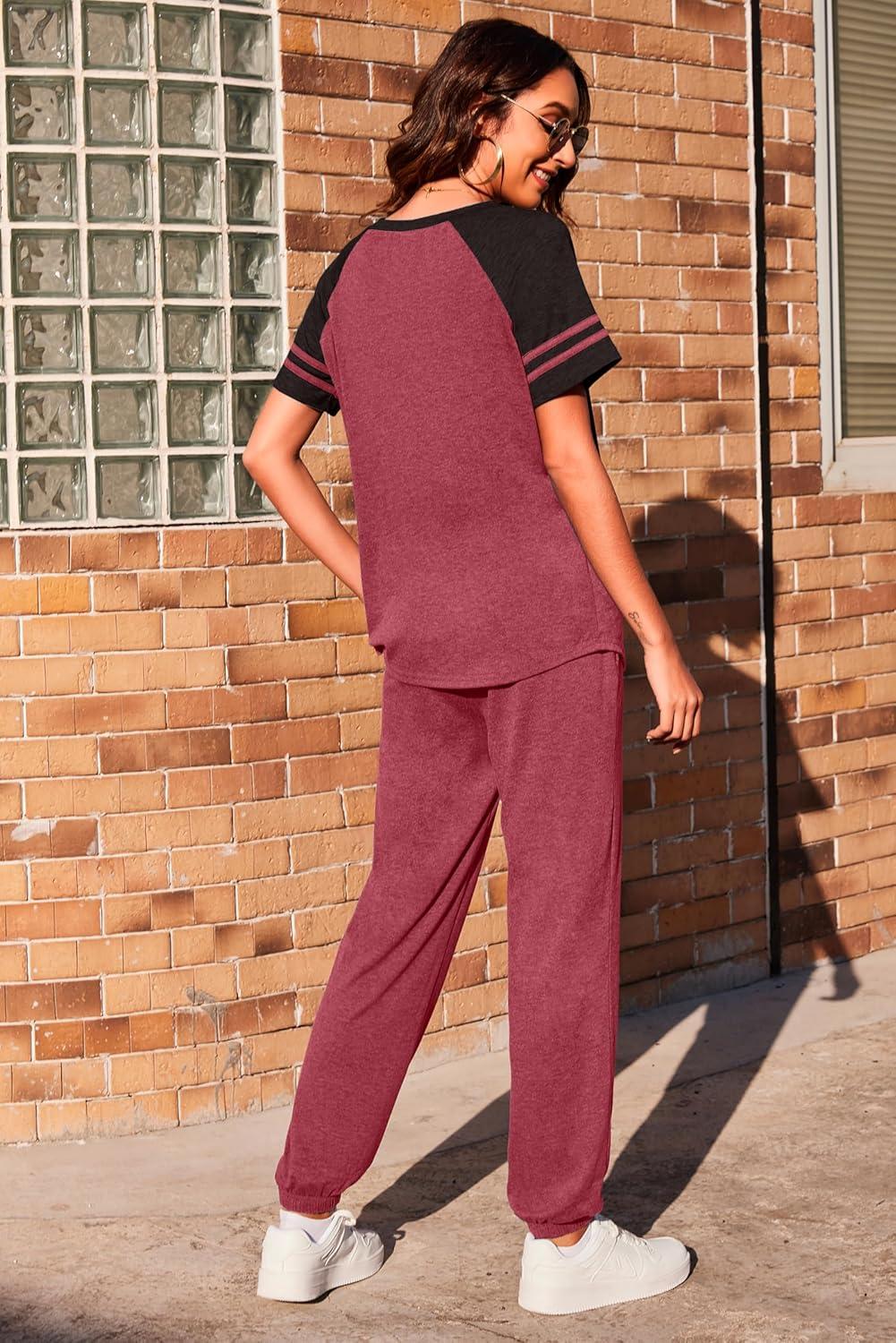 imageEkouaer Lounge Sets for Women Two Piece Pajama Set Short Sleeve Crewneck Jogger Outfits and Sweatpants TracksuitWine Red