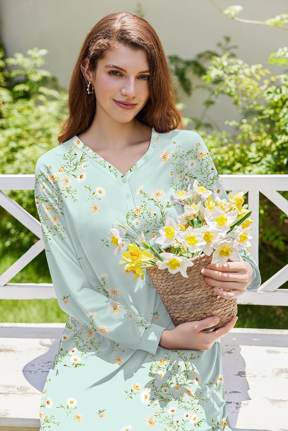 imageEkouaer Nightgown Long Sleeve for Women Sleepwear V Neck Loungewear Button Full Length NightshirtFloral Light Green