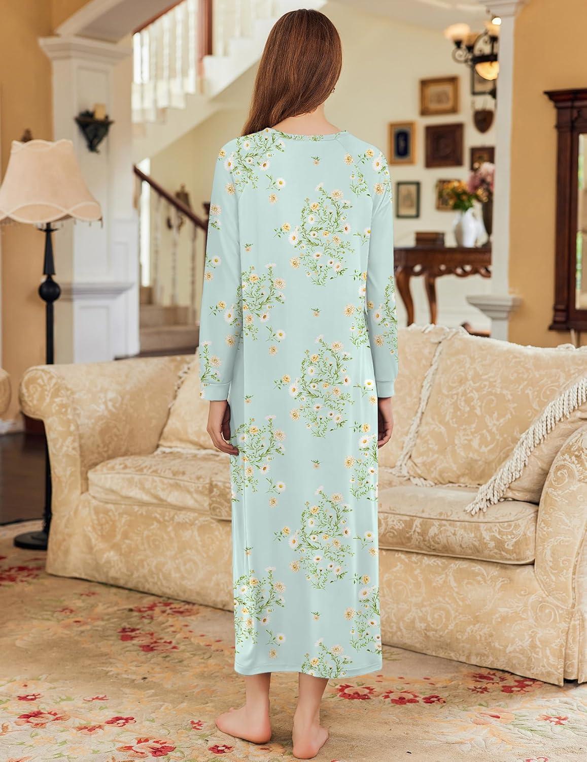 imageEkouaer Nightgown Long Sleeve for Women Sleepwear V Neck Loungewear Button Full Length NightshirtFloral Light Green