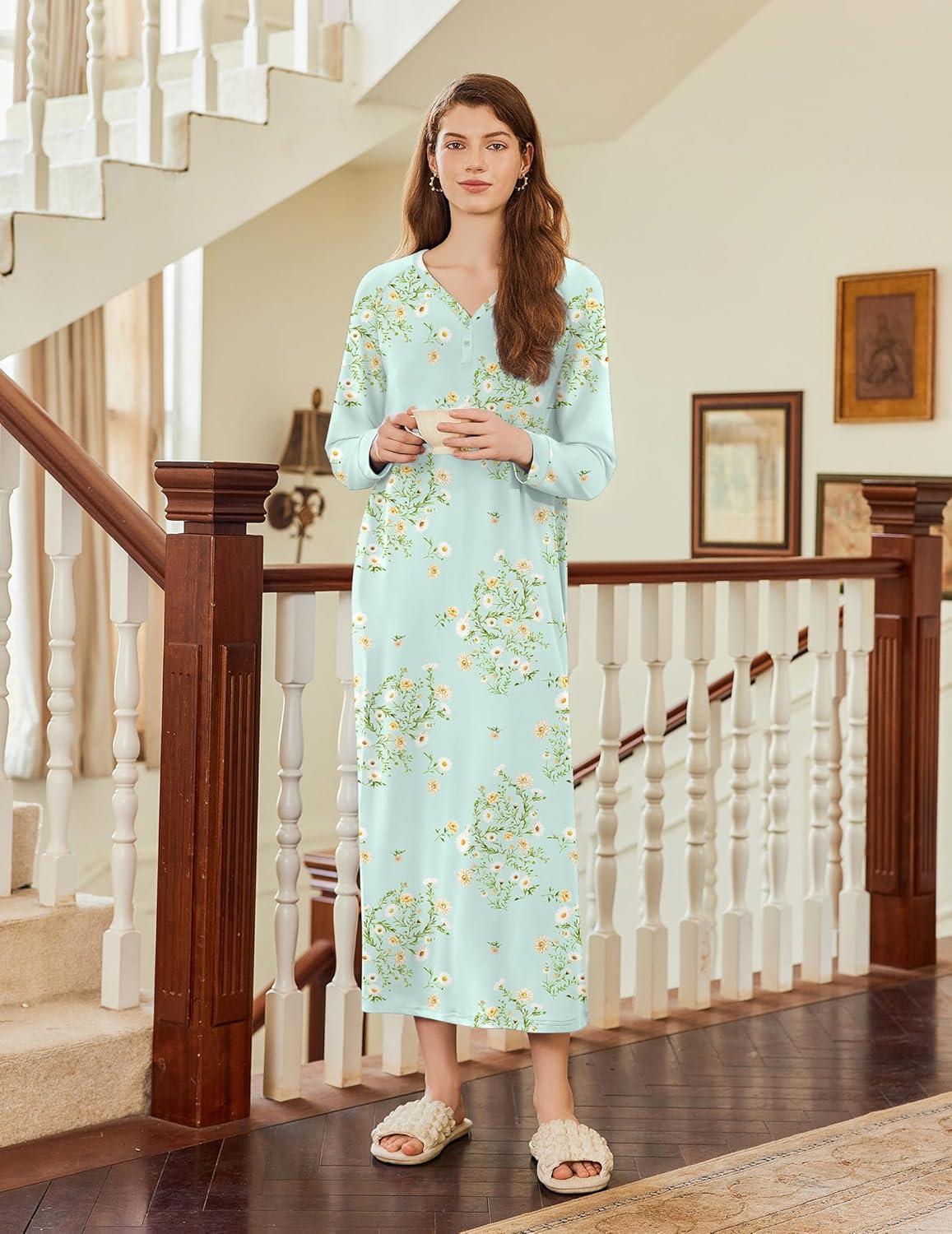 imageEkouaer Nightgown Long Sleeve for Women Sleepwear V Neck Loungewear Button Full Length NightshirtFloral Light Green