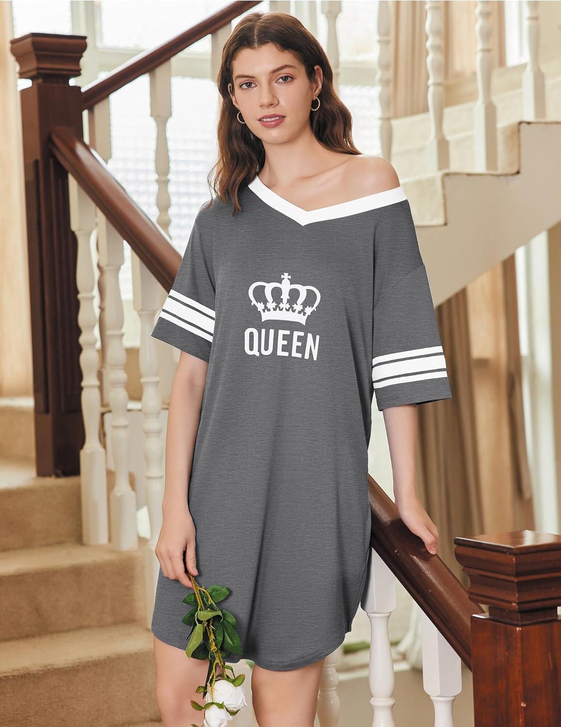 imageEkouaer Nightgowns for Women 2 Pack Sleepshirts Short Sleeve Nightshirt V Neck Sleepwear Casual Pajama DressBlackGueen Grey