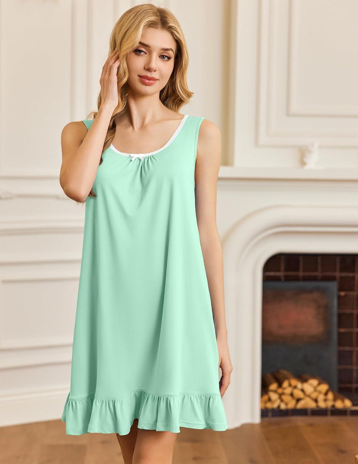 imageEkouaer Nightgowns for Women Sleeveless Nightdress Cute Night Gowns Short Sleepshirt Soft Sleepwear Pajama Dress SXXXLLight Green