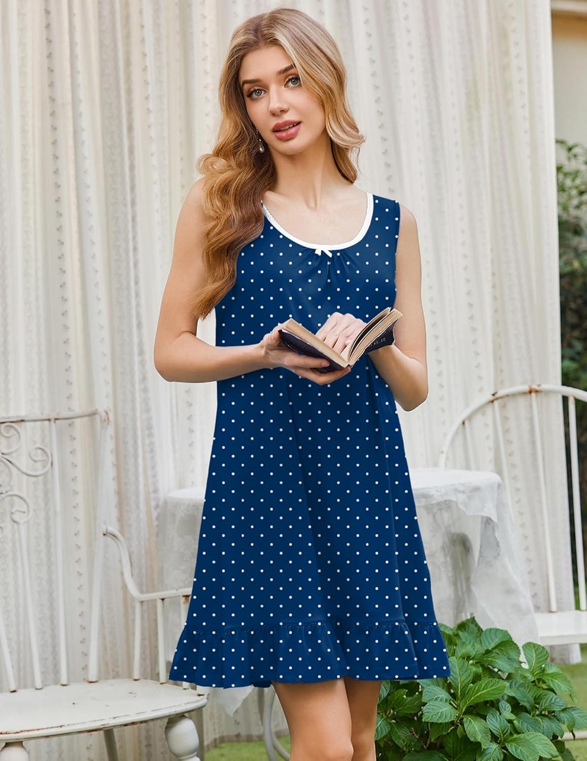 imageEkouaer Nightgowns for Women Sleeveless Nightdress Cute Night Gowns Short Sleepshirt Soft Sleepwear Pajama Dress SXXXLNavy White Dots
