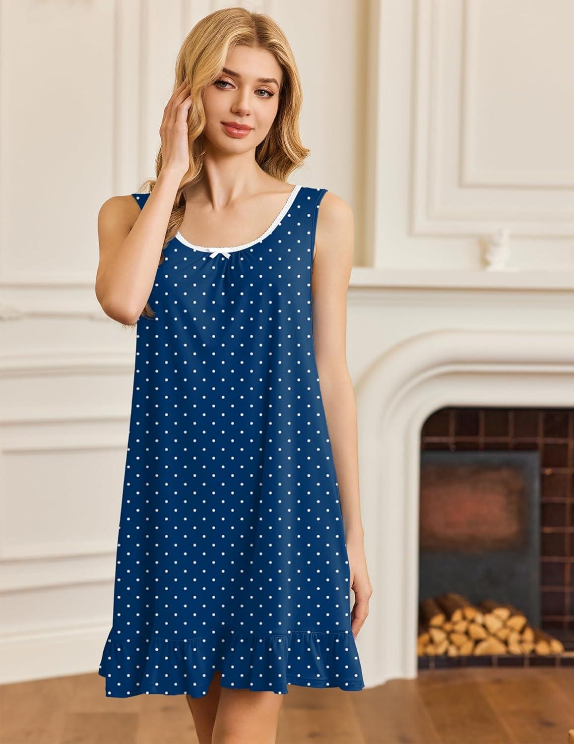 imageEkouaer Nightgowns for Women Sleeveless Nightdress Cute Night Gowns Short Sleepshirt Soft Sleepwear Pajama Dress SXXXLNavy White Dots