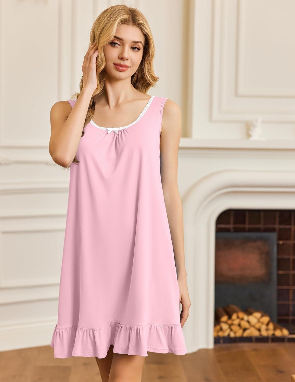 imageEkouaer Nightgowns for Women Sleeveless Nightdress Cute Night Gowns Short Sleepshirt Soft Sleepwear Pajama Dress SXXXLPink