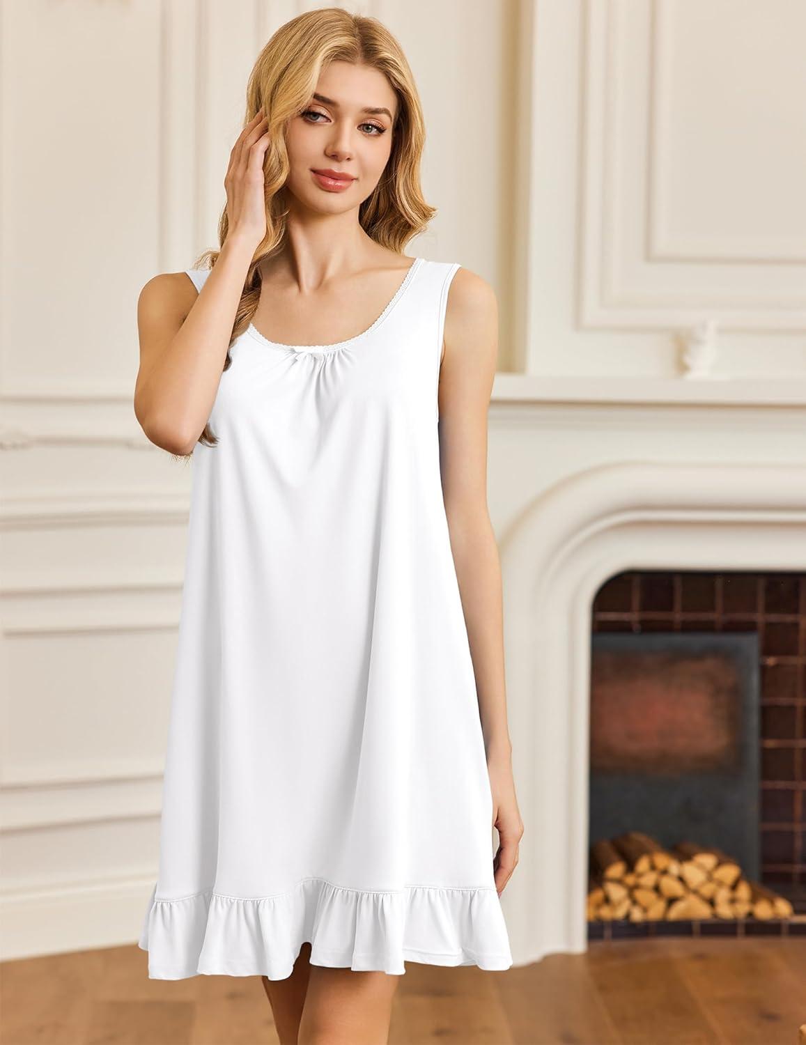 imageEkouaer Nightgowns for Women Sleeveless Nightdress Cute Night Gowns Short Sleepshirt Soft Sleepwear Pajama Dress SXXXLWhite