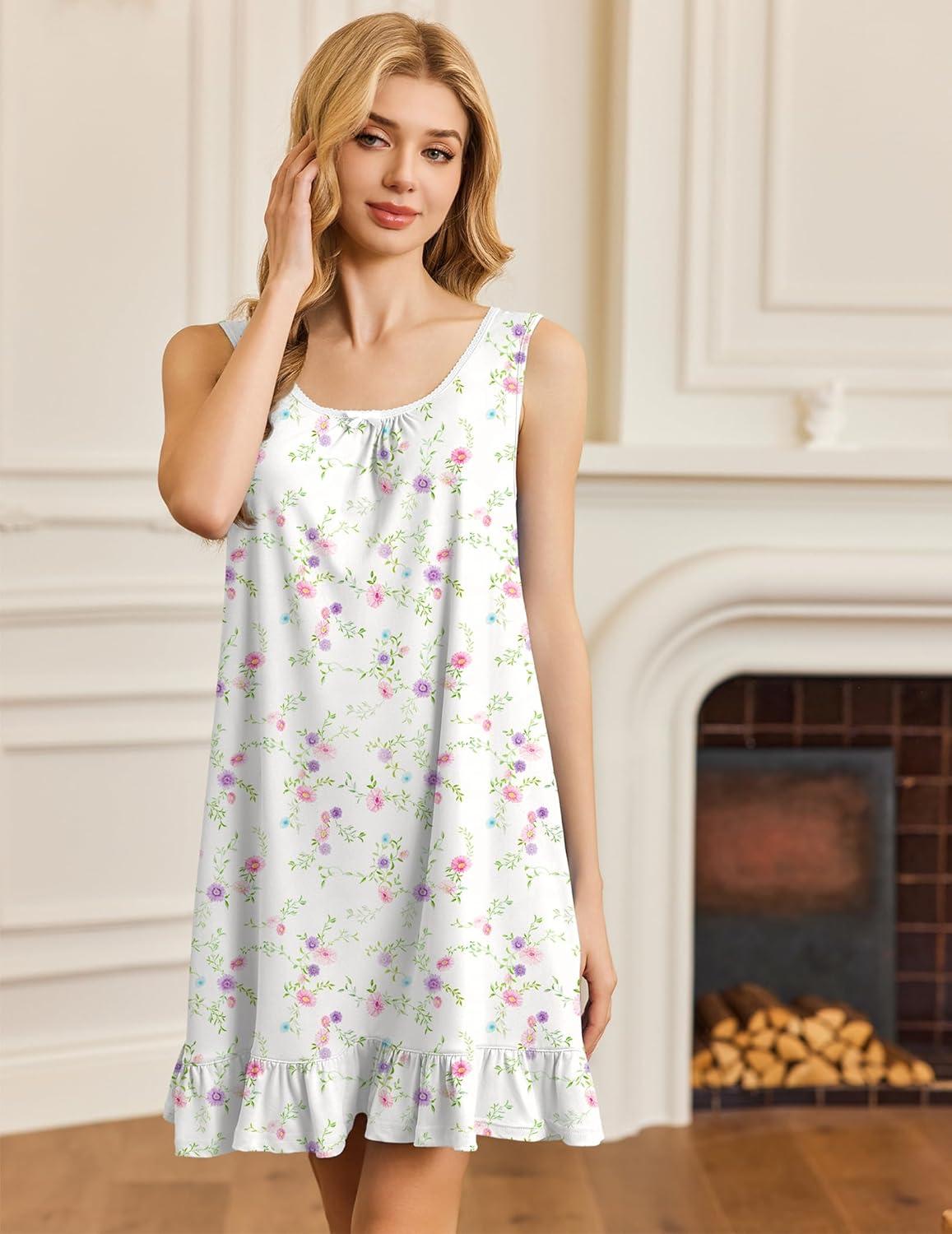 imageEkouaer Nightgowns for Women Sleeveless Nightdress Cute Night Gowns Short Sleepshirt Soft Sleepwear Pajama Dress SXXXLWhite Pink Purple Florals
