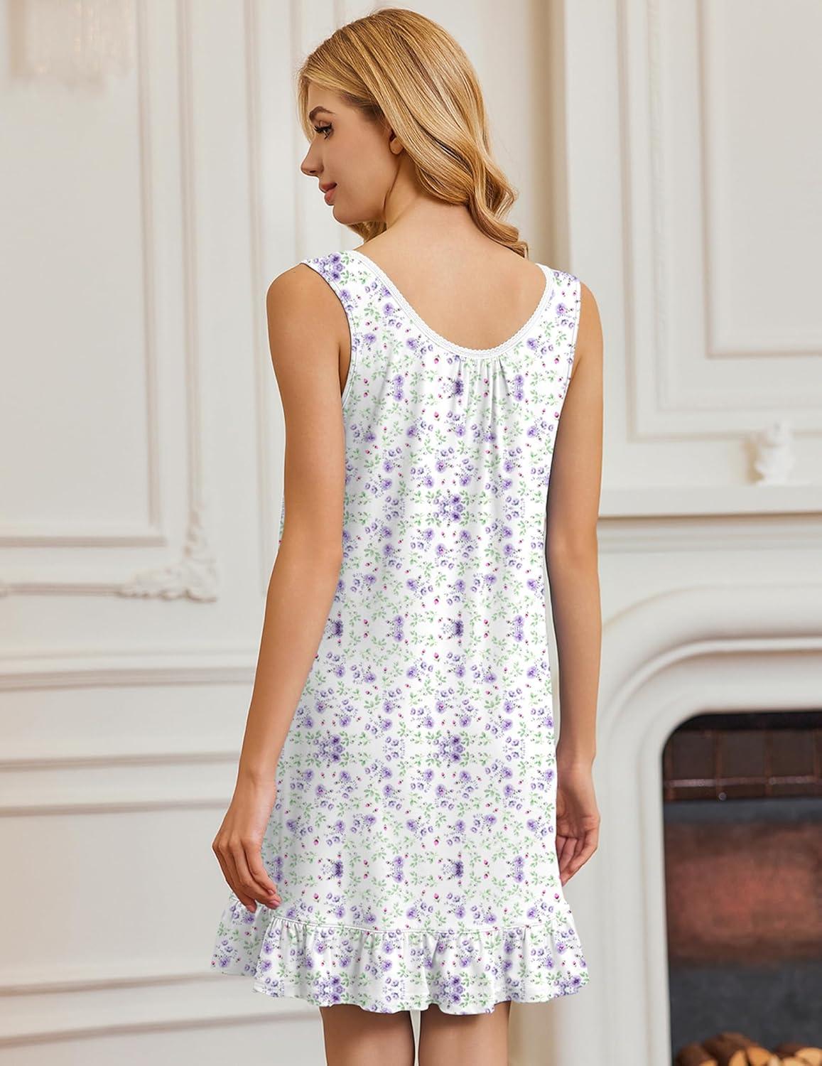 imageEkouaer Nightgowns for Women Sleeveless Nightdress Cute Night Gowns Short Sleepshirt Soft Sleepwear Pajama Dress SXXXLWhite Purple Floral