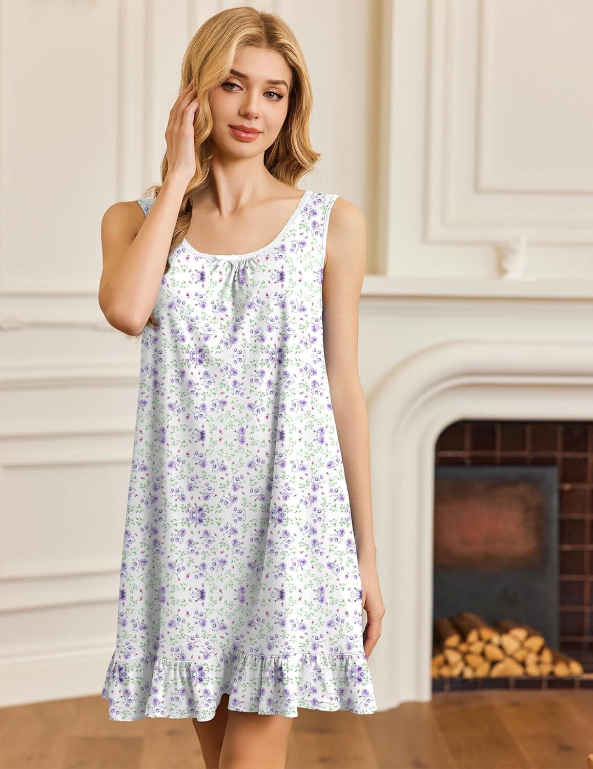 imageEkouaer Nightgowns for Women Sleeveless Nightdress Cute Night Gowns Short Sleepshirt Soft Sleepwear Pajama Dress SXXXLWhite Purple Floral