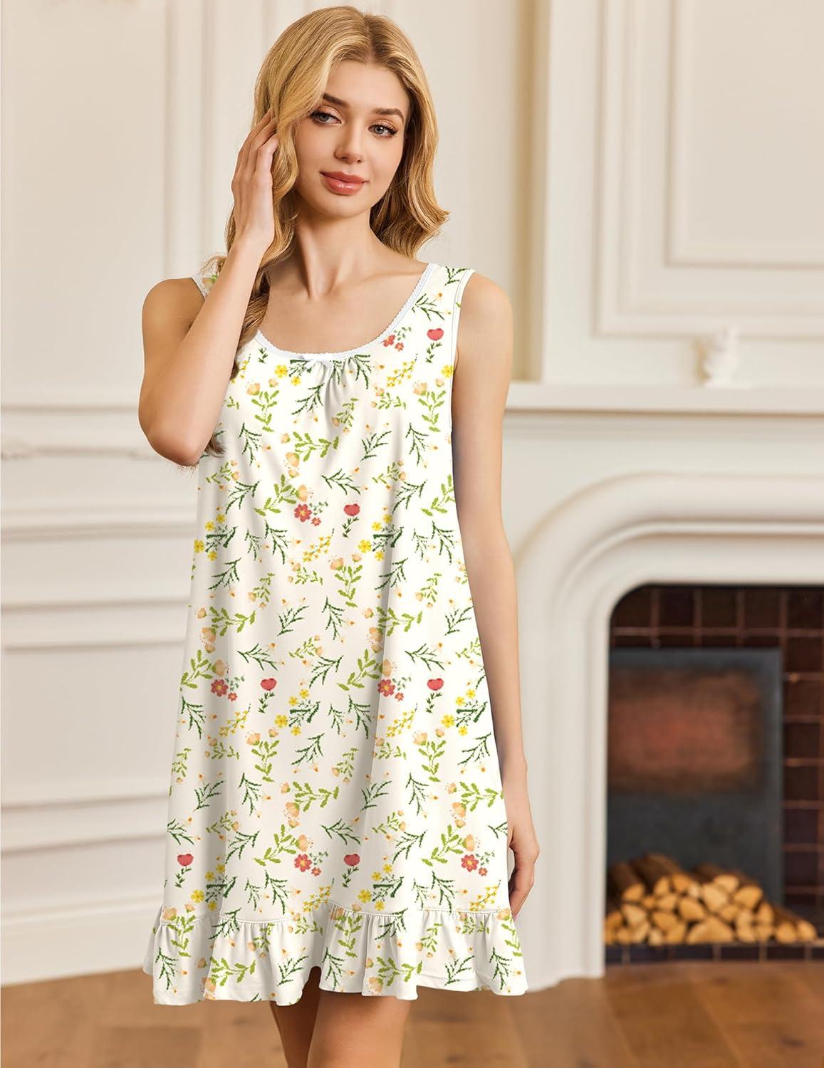imageEkouaer Nightgowns for Women Sleeveless Nightdress Cute Night Gowns Short Sleepshirt Soft Sleepwear Pajama Dress SXXXLYellow Floral