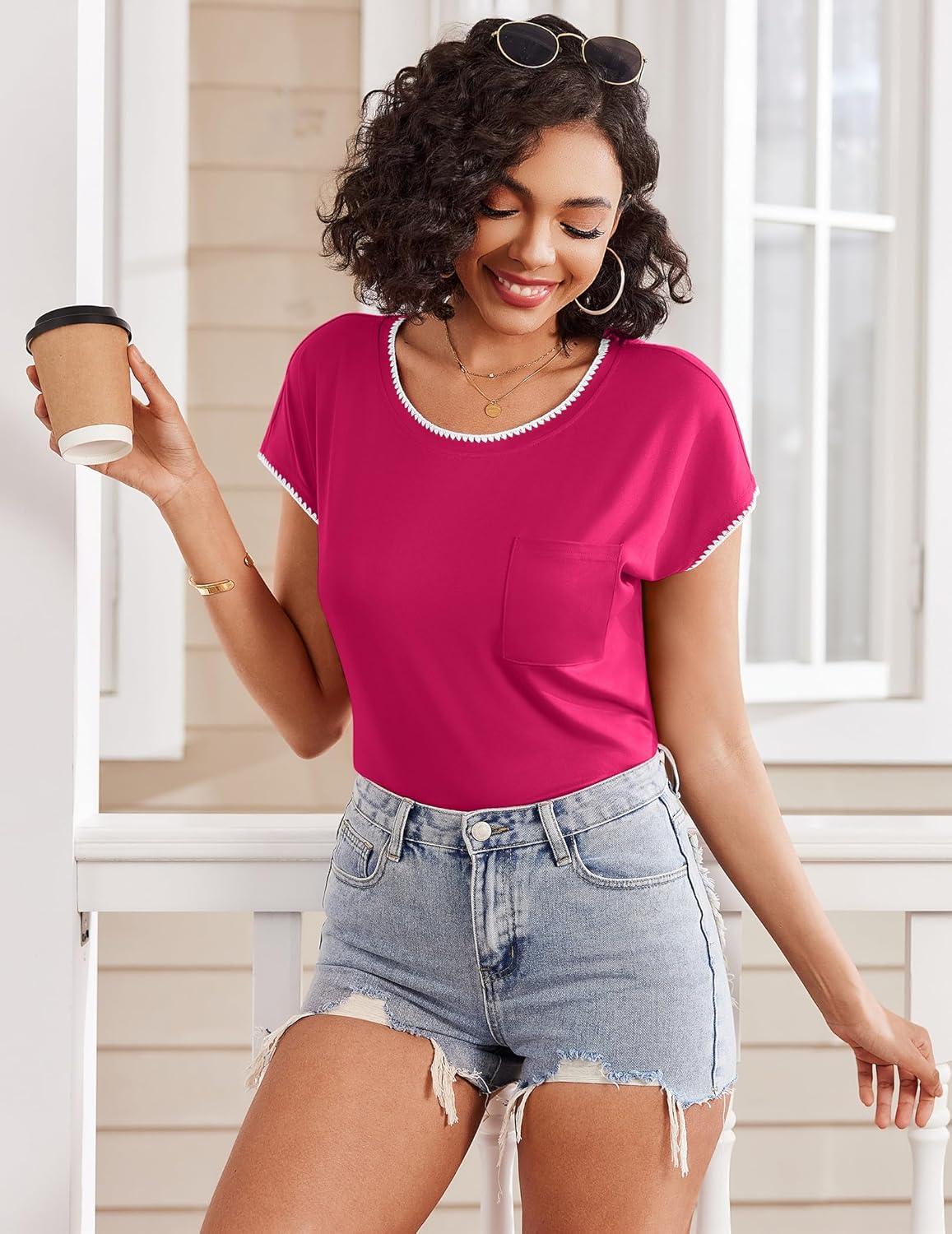 imageEkouaer Pajama Sets Lounge Sets for Women 2 Piece Short Sleeve Tops and Shorts Comfy Pjs Sleepwear SXXLRosy Pink
