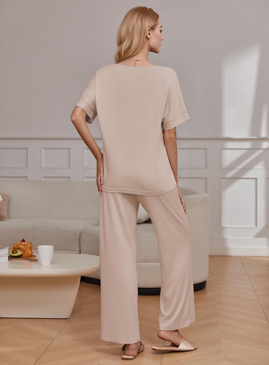 imageEkouaer Pajama Sets for Women 2 Piece Lounge Set Short Sleeve Tops and Long Pants Soft Comfy Pjs Sleepwear Outfits SXXLBeige